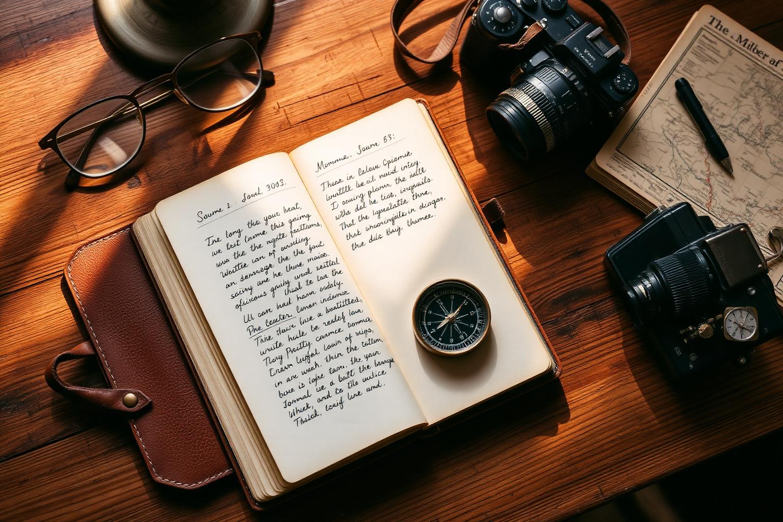 An open leather journal with a vintage compass and camera on a walnut desk