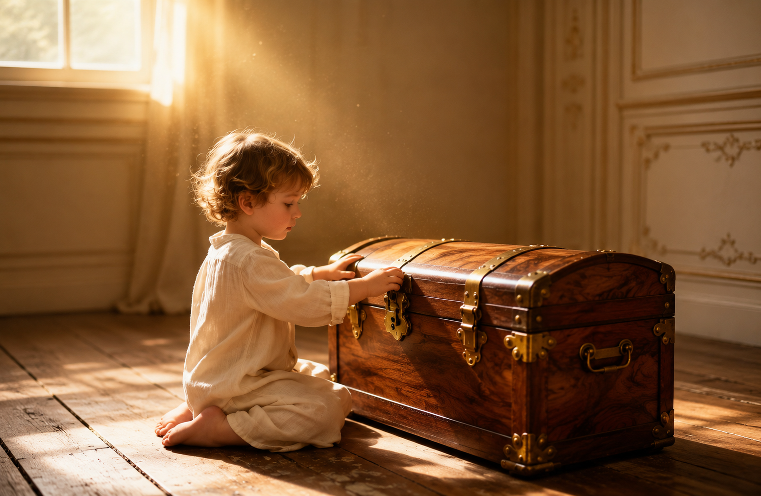 A child opens a vintage walnut keepsake trunk in a sunlit room