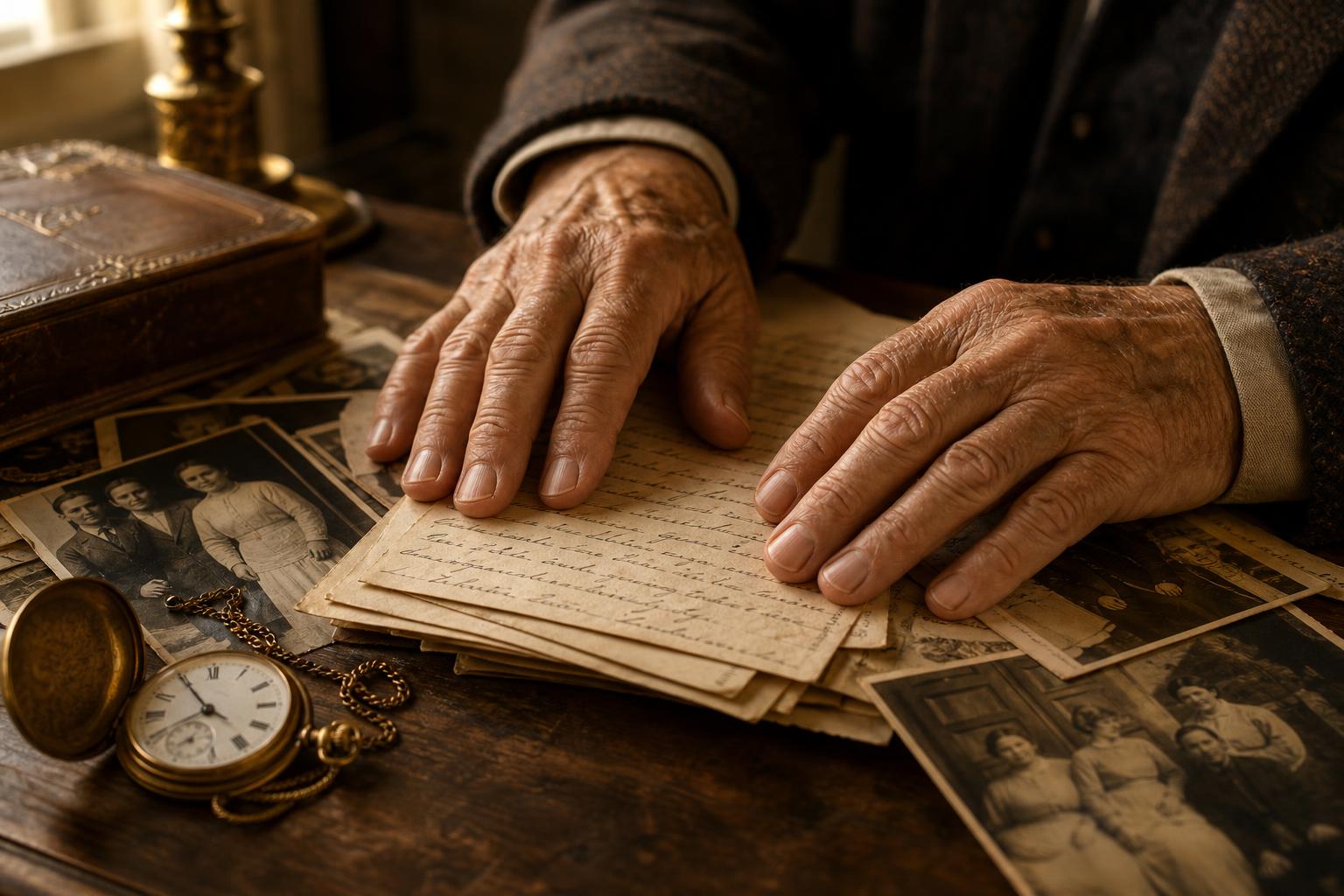 Weathered hands resting on a stack of old letters and family photographs