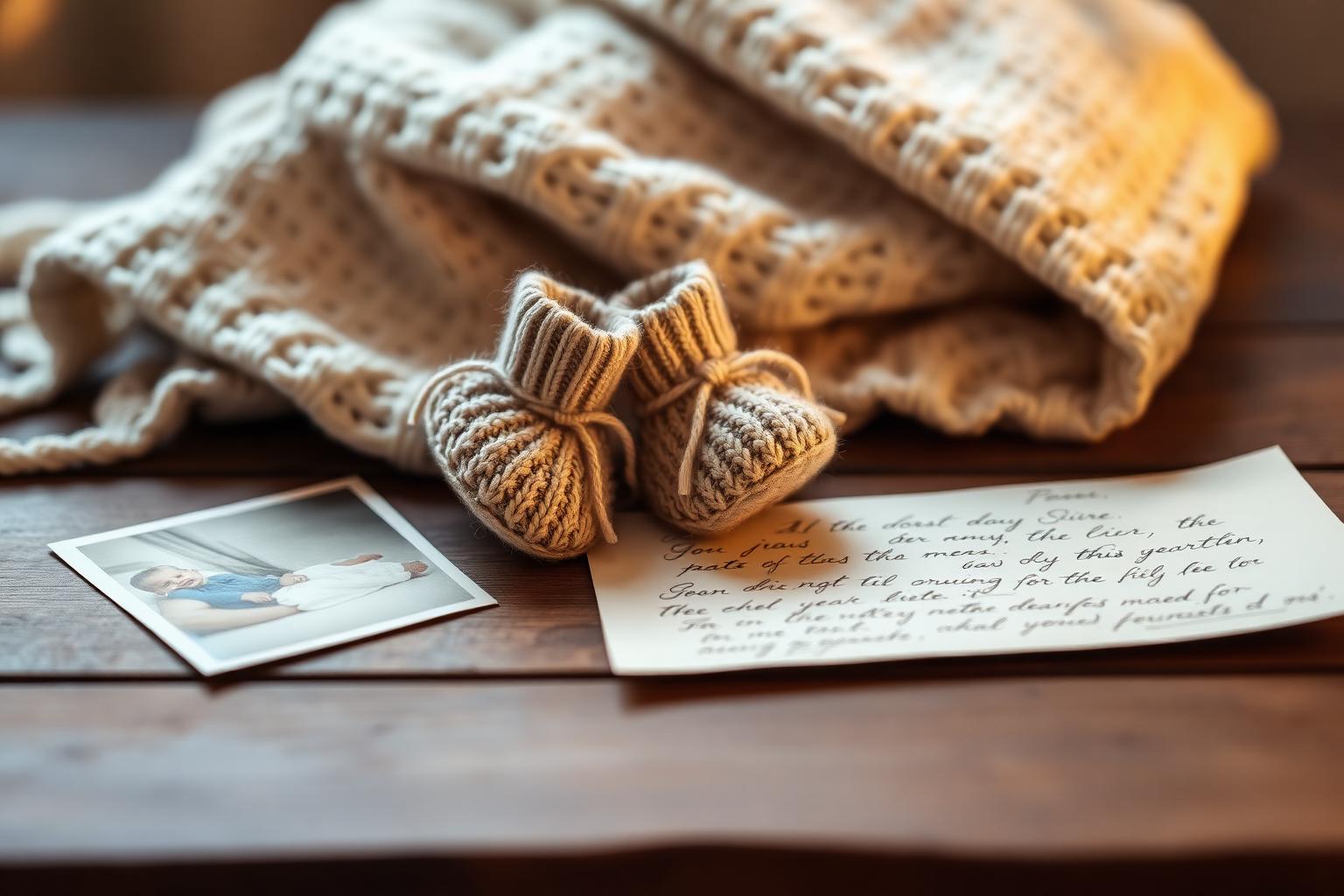 Knitted baby booties, a soft blanket and a handwritten letter on a rustic wooden table