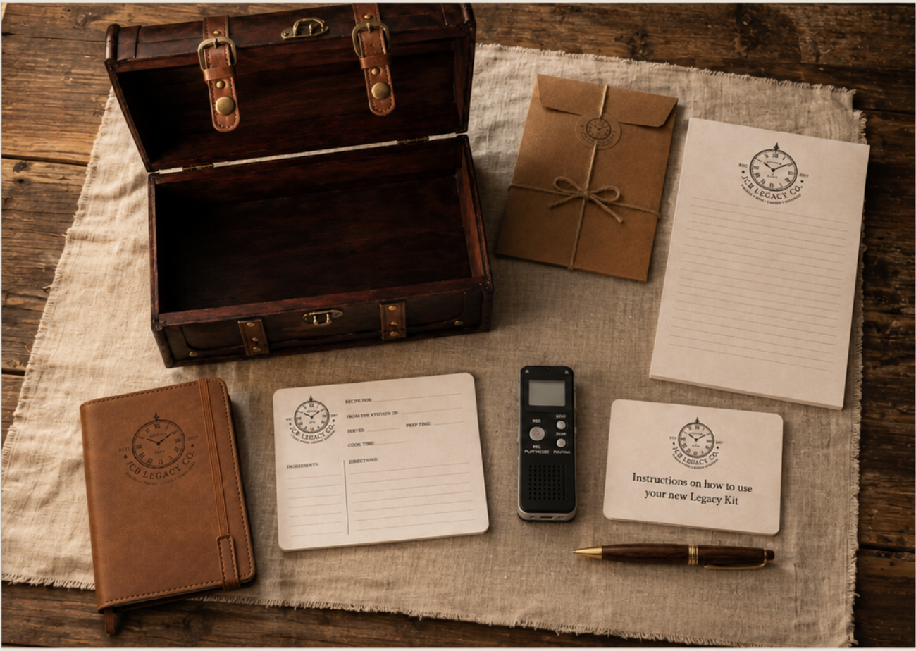 Overhead arrangement of the Large Legacy Kit contents including an open walnut trunk, leather journal, recipe card, voice recorder, instruction card, sealed envelope, pen and notepad on linen