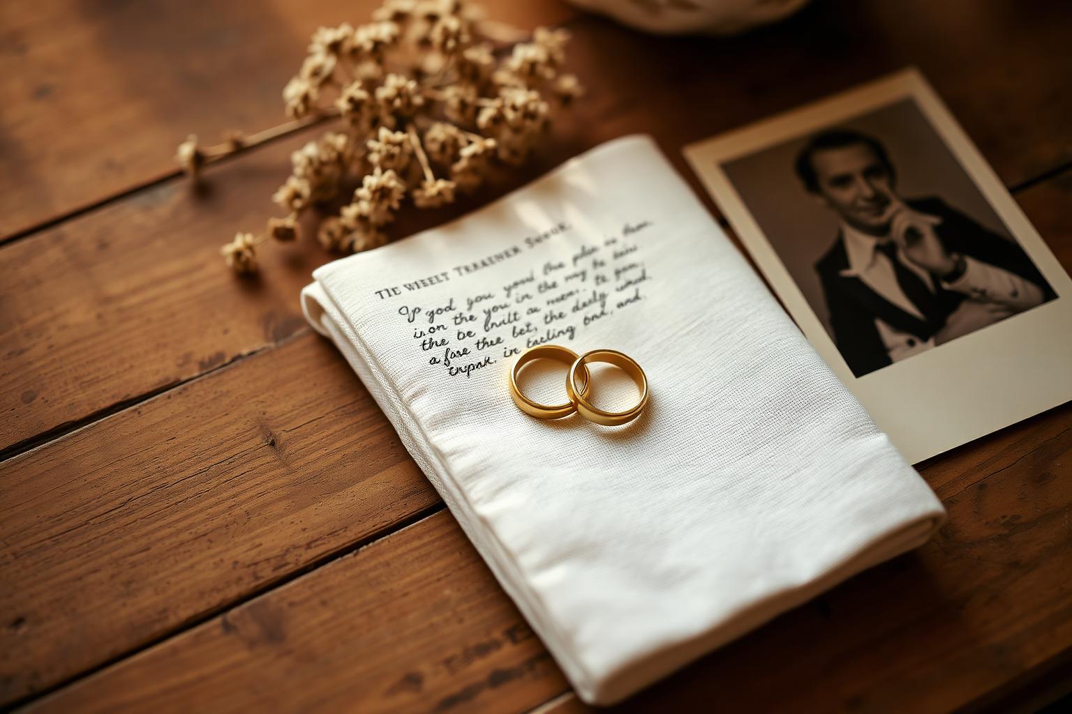 Two gold wedding bands resting on folded linen beside dried flowers